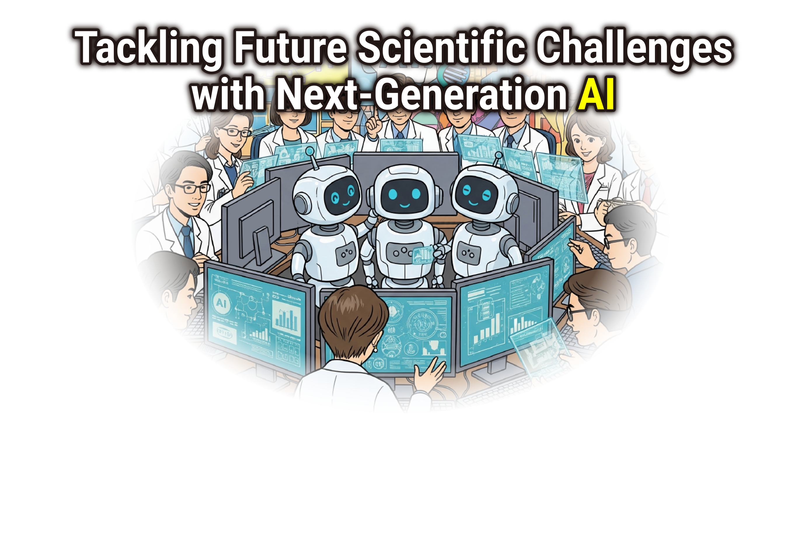 ロボットを囲んで人々が話し合っているイラスト